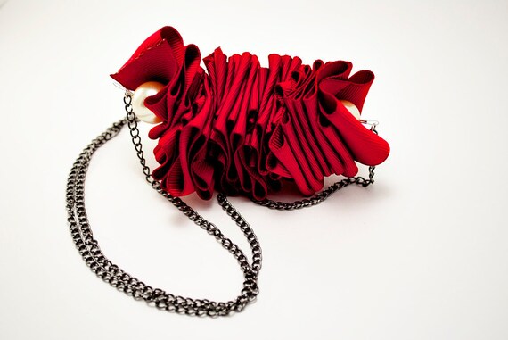 Burgundy Ruffle Necklace with Gold Glass Pearls FREE SHIPPING
