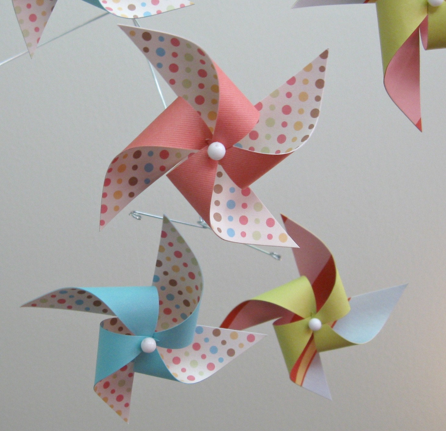 Baby Nursery Crib Mobile -Blue Pink and Yellow-Green Pinwheels