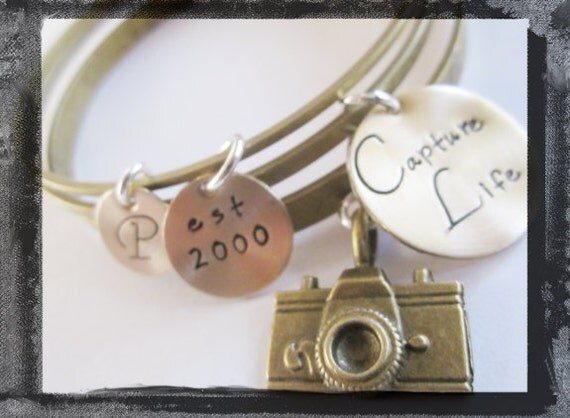 Hand Stamped Bracelet - Bangle Set with Charms.....Hand Stamped in Brass....Capture Life....Camera