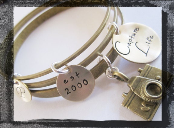 Hand Stamped Bracelet - Bangle Set with Charms.....Hand Stamped in Brass....Capture Life....Camera