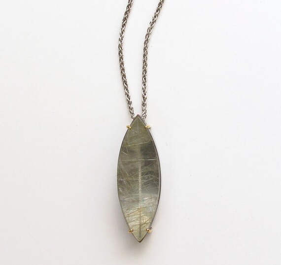 Green Quartz Marquis Talisman Pendant no.14 Oxidized Silver 18k