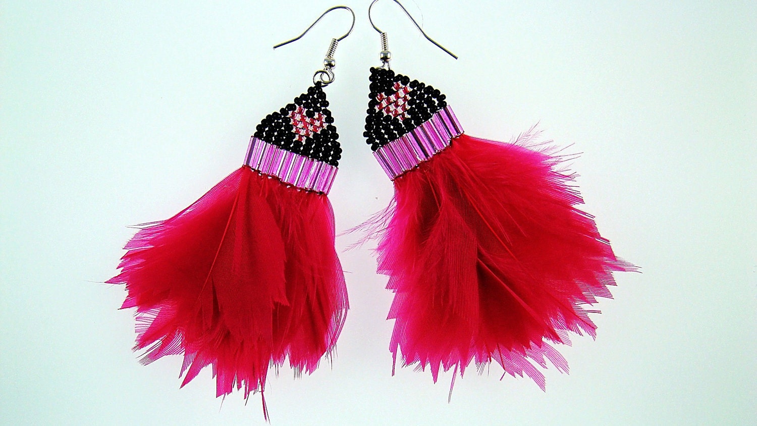 Hot pink beaded feather earrings-brick stitch