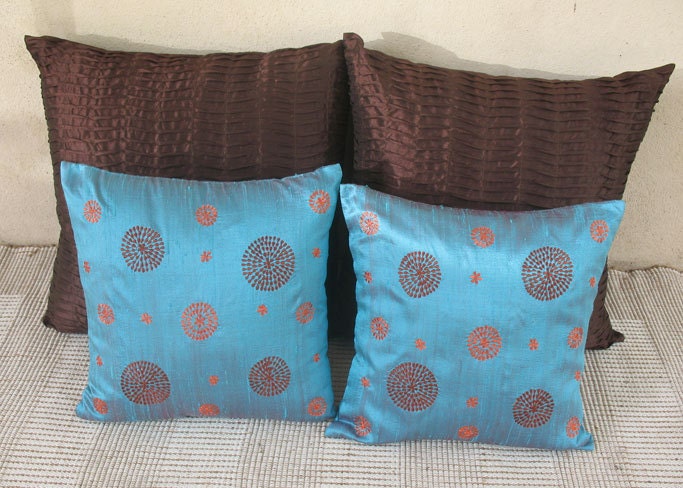 Blue throw pillow 16 inch with brown and orange circles decorative cushion cover