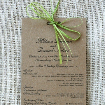 Long Wedding Program Recycled Paper Elegant Modern Vintage Inspired 