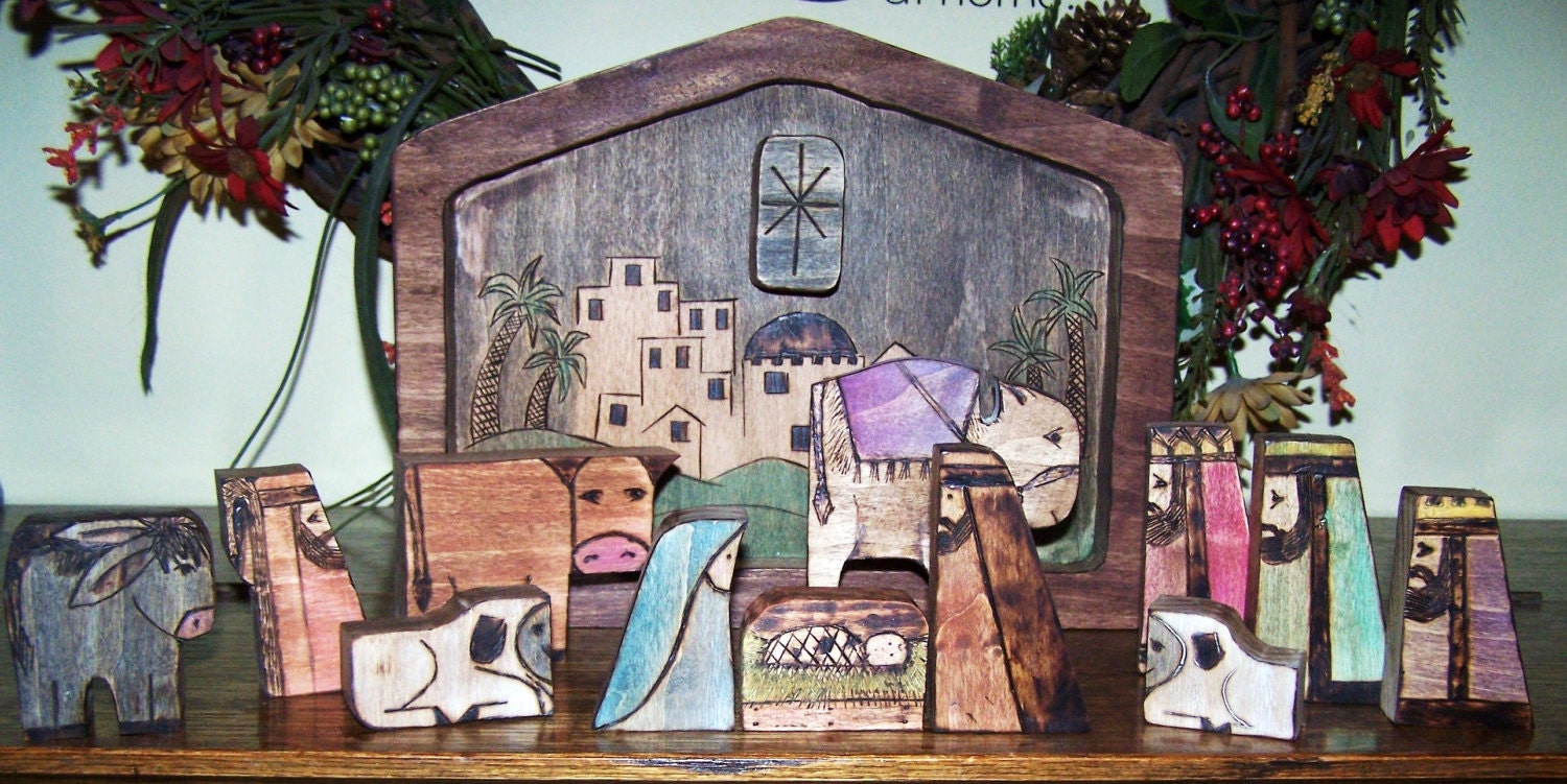 Nativity Puzzle, wood burned design, water color, and darker wood stain