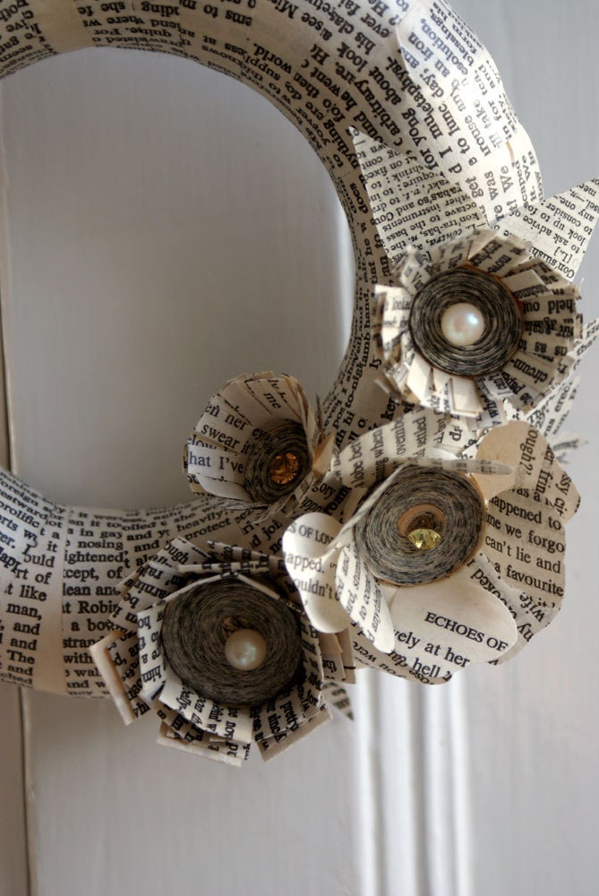 Christmas wreath, recycled books, neutral colours, paper flowers, literary