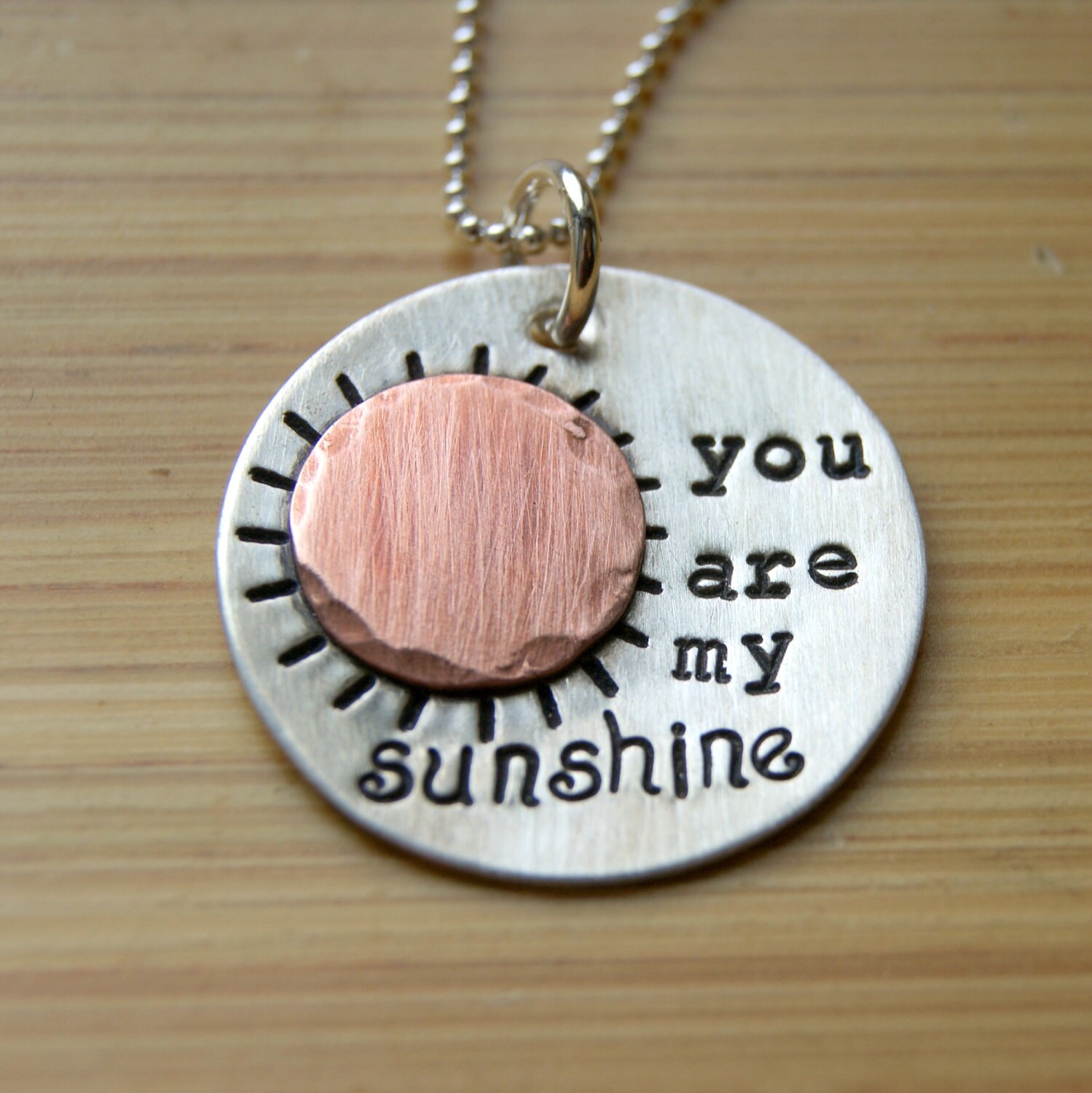 You are My Sunshine Hand Stamped Custom Necklace Personalized with Name Sterling Silver, Copper
