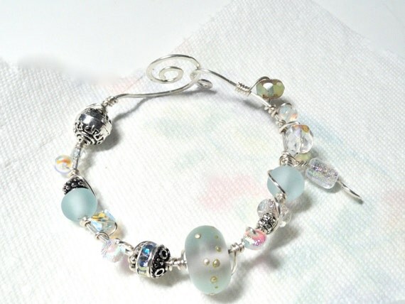 Icy Aqua Artic Blue Lampwork & Dichroic Bead Wire Wrapped Bracelet