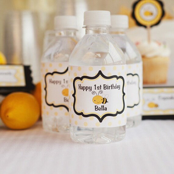 Water Bottle Labels - Birthday Party Decorations - Yellow & Black Bee Theme (12)