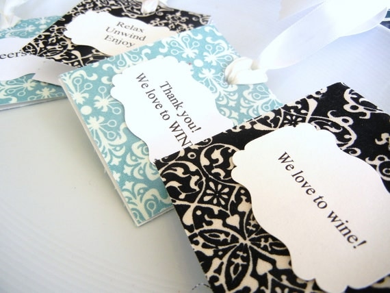 Personalized Gift Tags Wine Bottles Fabric  Damask Fabric set of 4