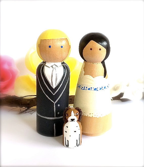 Bride Groom and Pet Wedding Cake Toppers Custom Cat Dog Wood Peg Dolls 