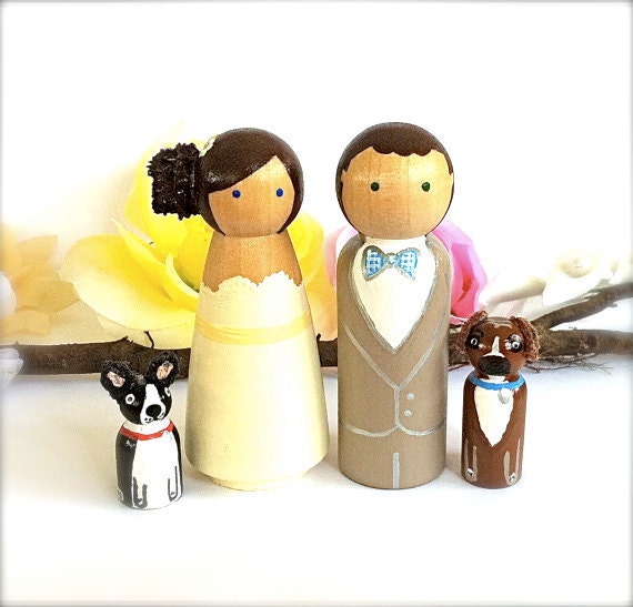 Custom Wedding Cake Toppers Bride and Groom with 2 Pets Large Personalized