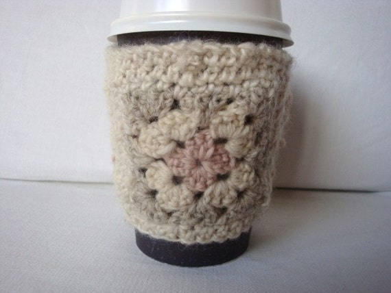 COFFEE CUP SLEEVE.. Granny Square Cosy / Sleeve for your takeaway coffee. Neutral colours - has very very homespun / rustic feel