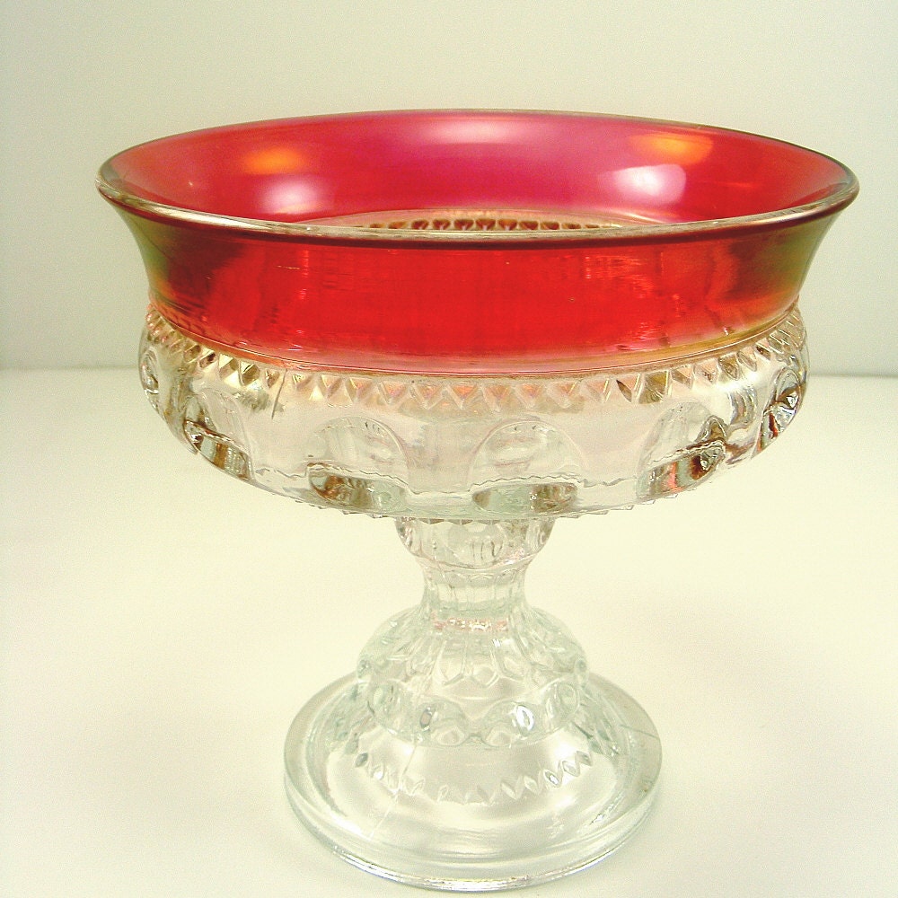 Compote Glass Dish Indiana Glass Kings Crown Thumbprint Ruby Flash Cranberry Vintage Mid Century