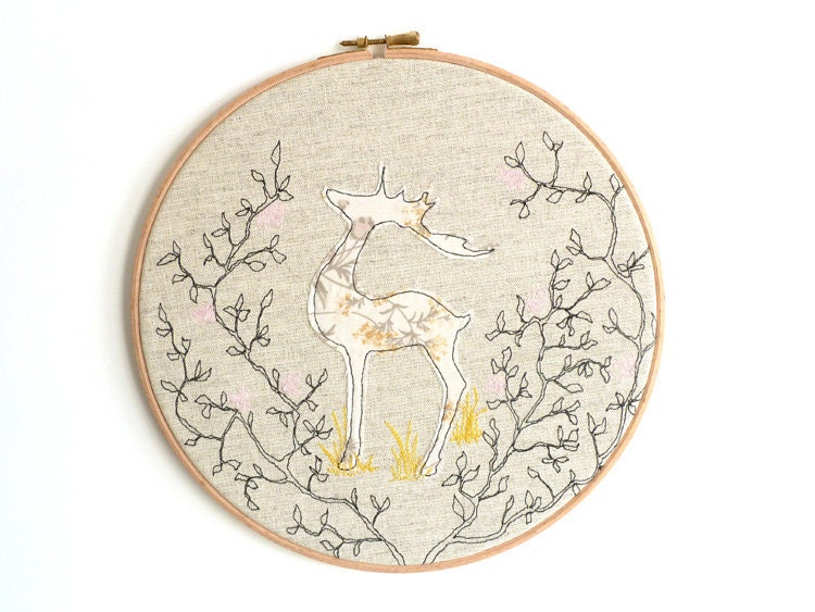 Embroidery Hoop Art - Reindeer Textile illustration in gold, pink & brown - large 10" hoop