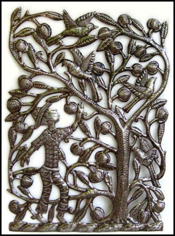 Haitian Peasant Picking Apples Metal Wall Hanging - Haitian Steel Oil Drum Wall Decor - 486