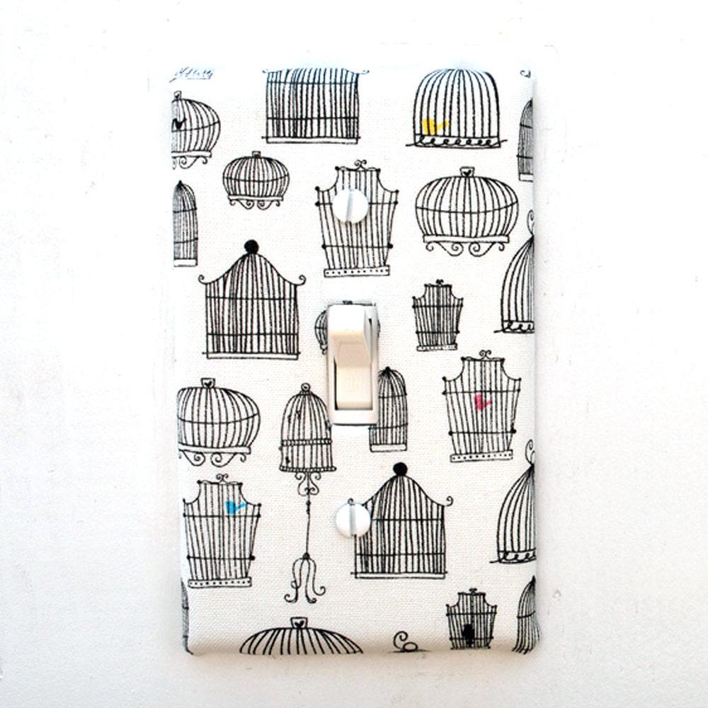 Light Switch Plate Cover, wall decor - white with black bird cages, bird, tweet, aviary, audobon, caged