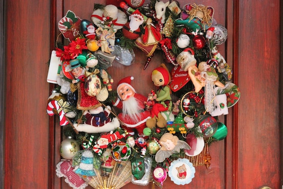 XL Timeless, nostalgic Americana Christmas wreath w charming vintage Santa, sweet gnome elf , loads of vintage ornaments
