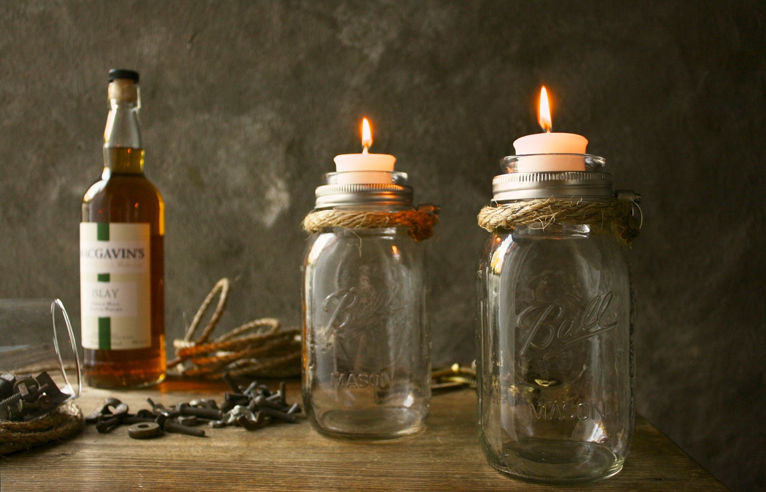 Pair of Mason Jar Candle Holders Rustic Wedding Decor Glass Lighting Shabby Chic Lighting - Rustic Rope Design