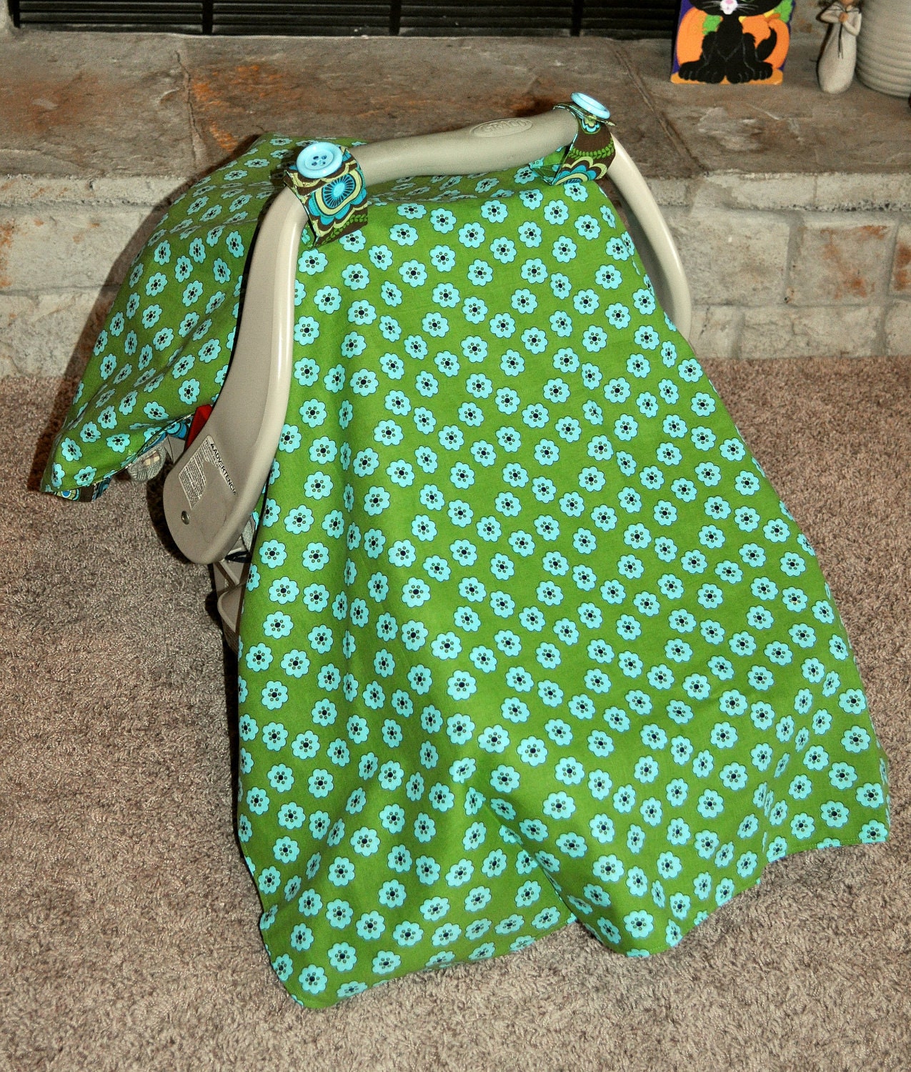 Retro Flowers in Blue, Brown & Green Reversible Infant Carseat Cover Tent Canopy - READY TO SHIP