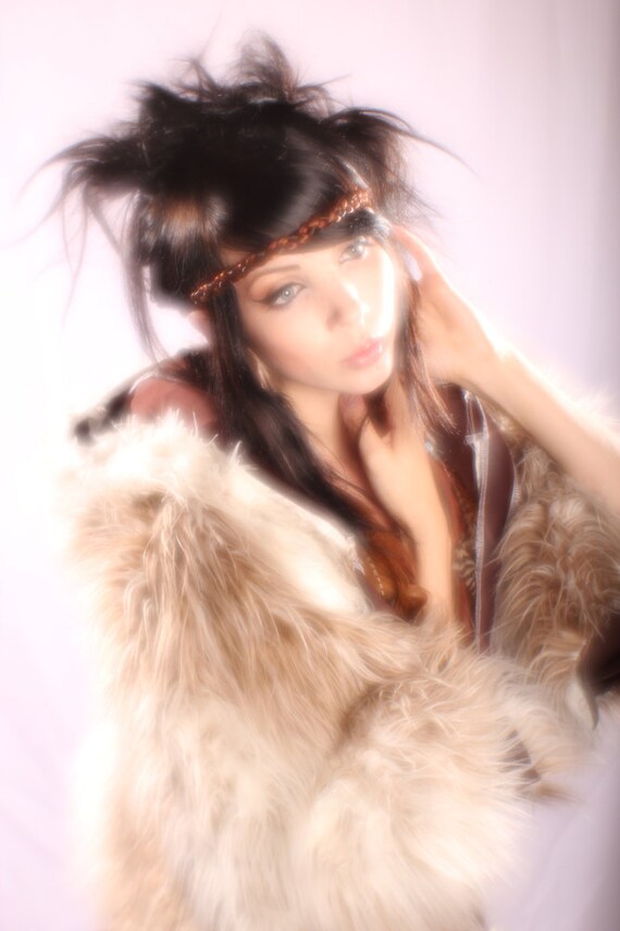 Boho Feather Headband braided hair hippy Bohemian Love Child chocolate brown reddish hair hairpiece free spirit braid headdress 70's