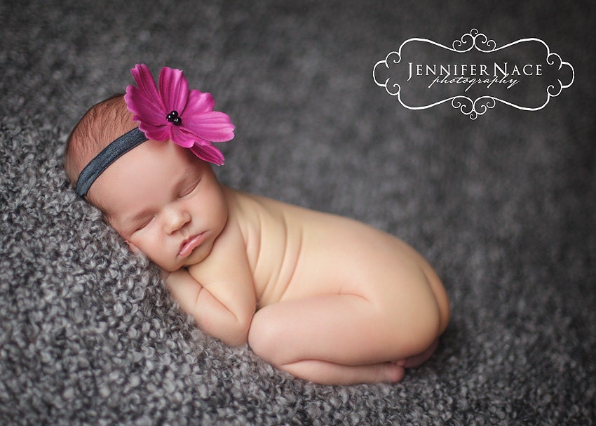 purple pink flower headband, Newborn Headband, Baby Headband, black elastic headband