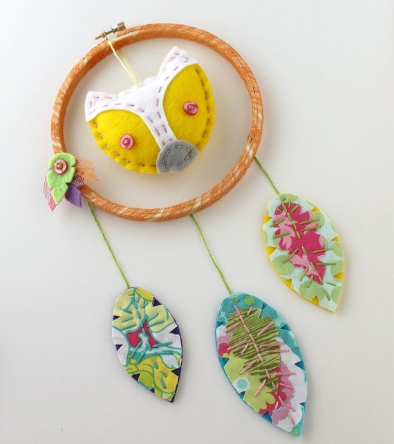 Fox Dreamcatcher Wall Hanging Plush Eco Felt Feathers Hand Embroidery Yellow MADE TO ORDER