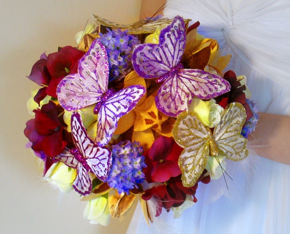 2 Butterfly bouquets purple wedding rustic glitter butterflies feather 