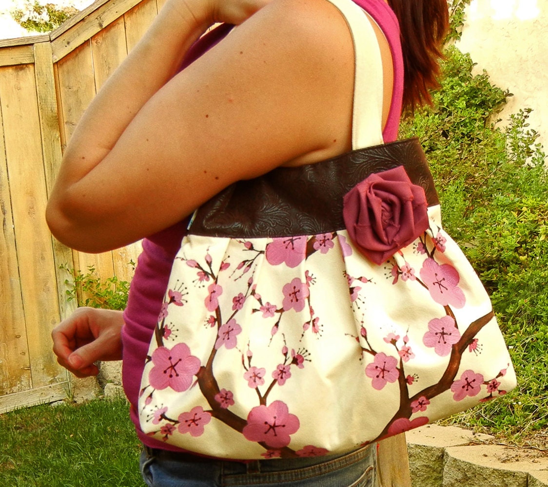 Ultrasuede Hand Painted Pleated Handbag with PInk Cherry Blossoms on Ivory Suede with Faux Leather Trim
