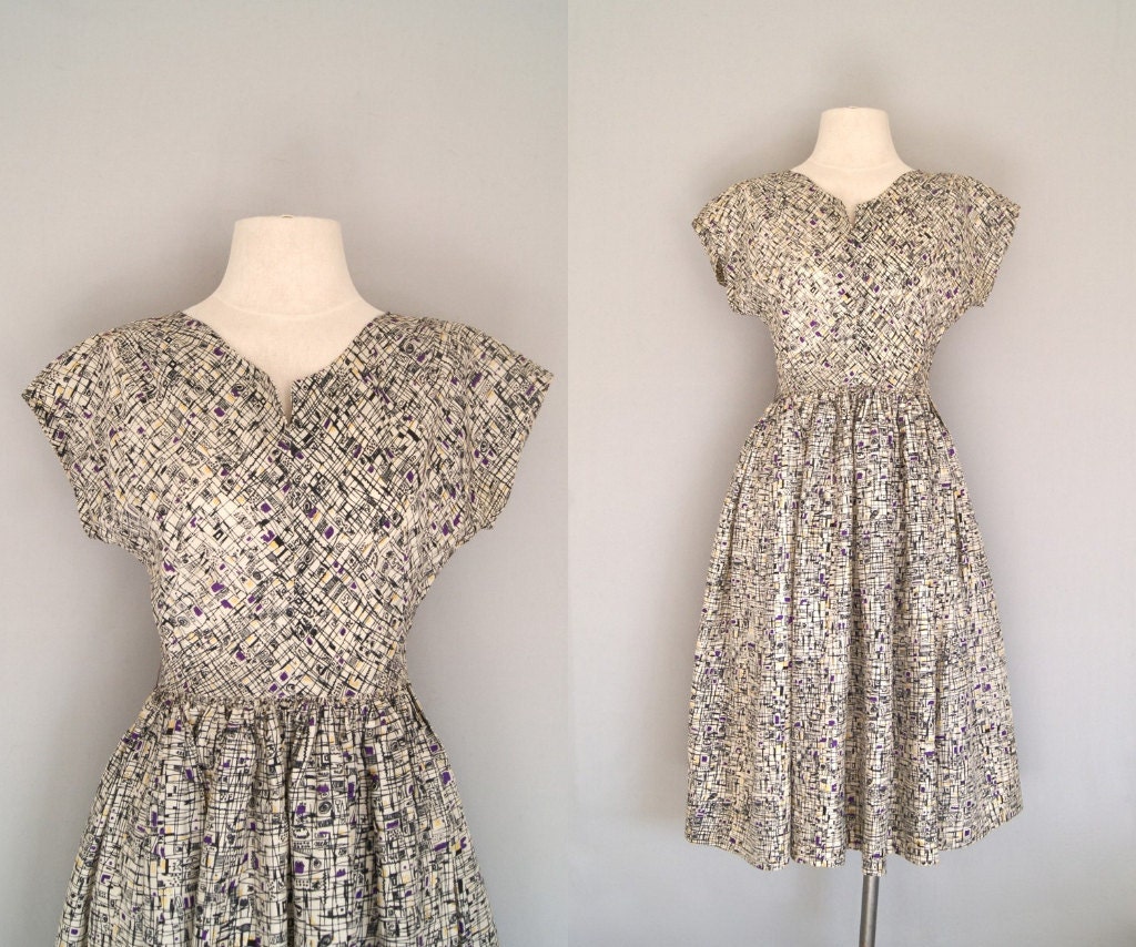 1950s silk dress // 50s atomic print full skirt dress