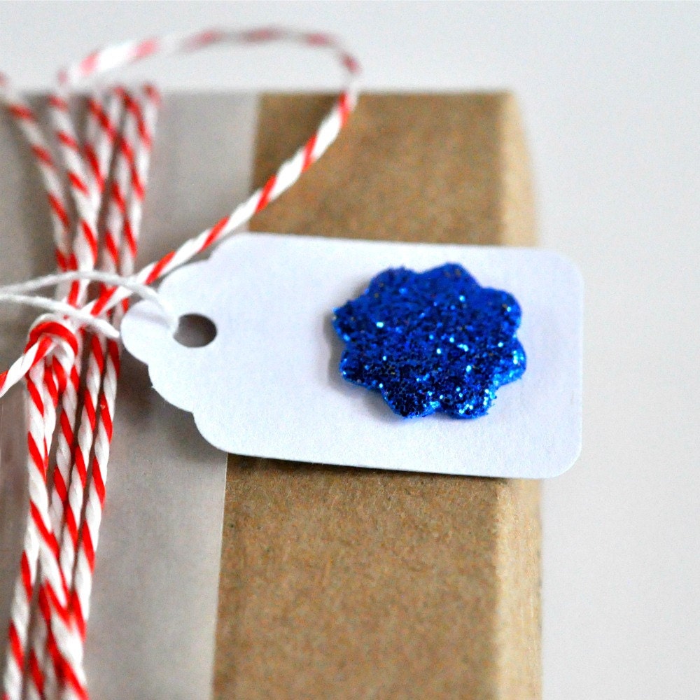 12 Blue Glitter Sunburst Mini Tags Threaded White