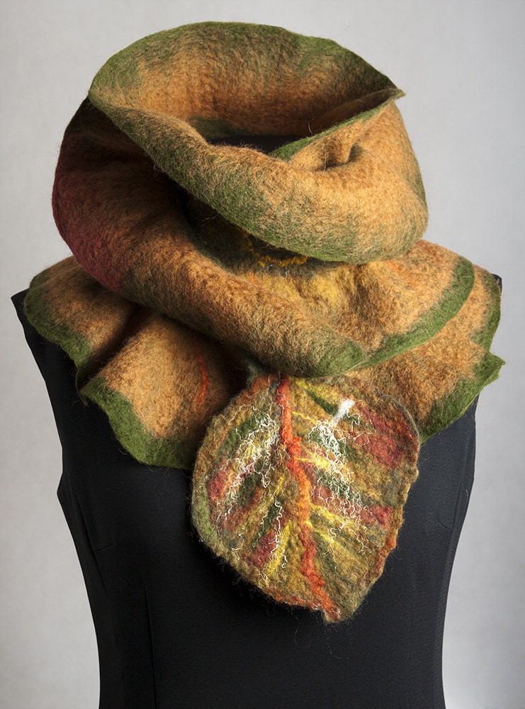 Nuno felt scarf ruffle collar  Green yellow leaf by galafilc from etsy.com