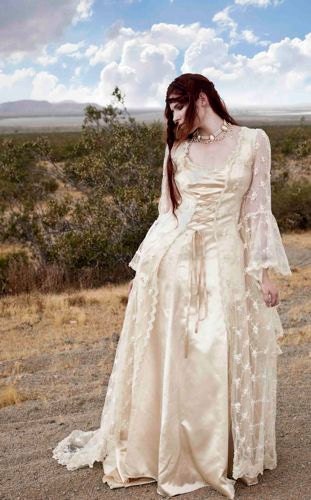 SALE Champagne Beaded Lace Medieval Gown Medium 1/2 Price