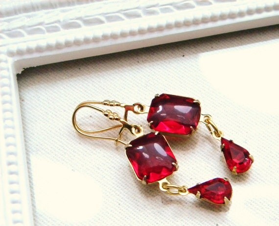 Vintage Ruby Red Rhinestone Earrings Bridal Wedding Jewelry