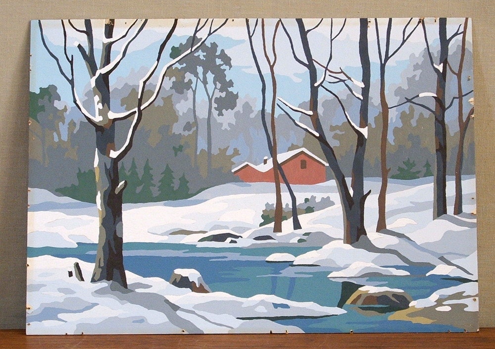 Vintage Paint By Number Painting, Winter Cabin Scene