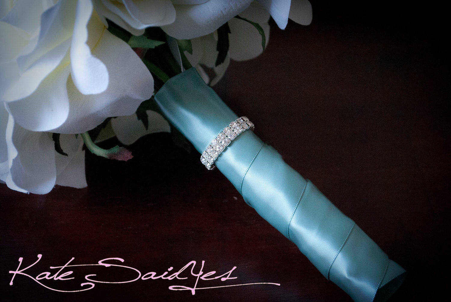 Ivory Rose Silk Bridal Bouquet with Tiffany Blue Satin and Rhinestone Wrap