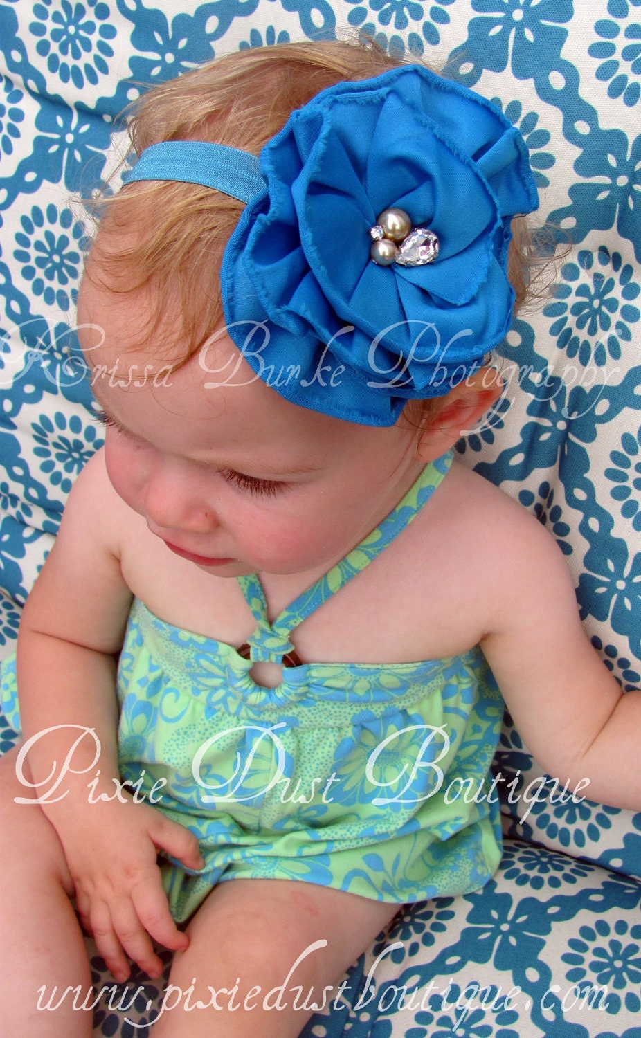 Baby/Infant/toddler Headband-Bright blue flower headband embellished with pearls and rhinestones