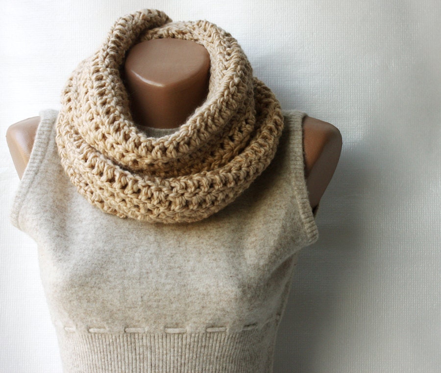 Infinity scarf chunky wool crochet Beige nougat vanilla ecru tan neutral Winter accessories Christmas