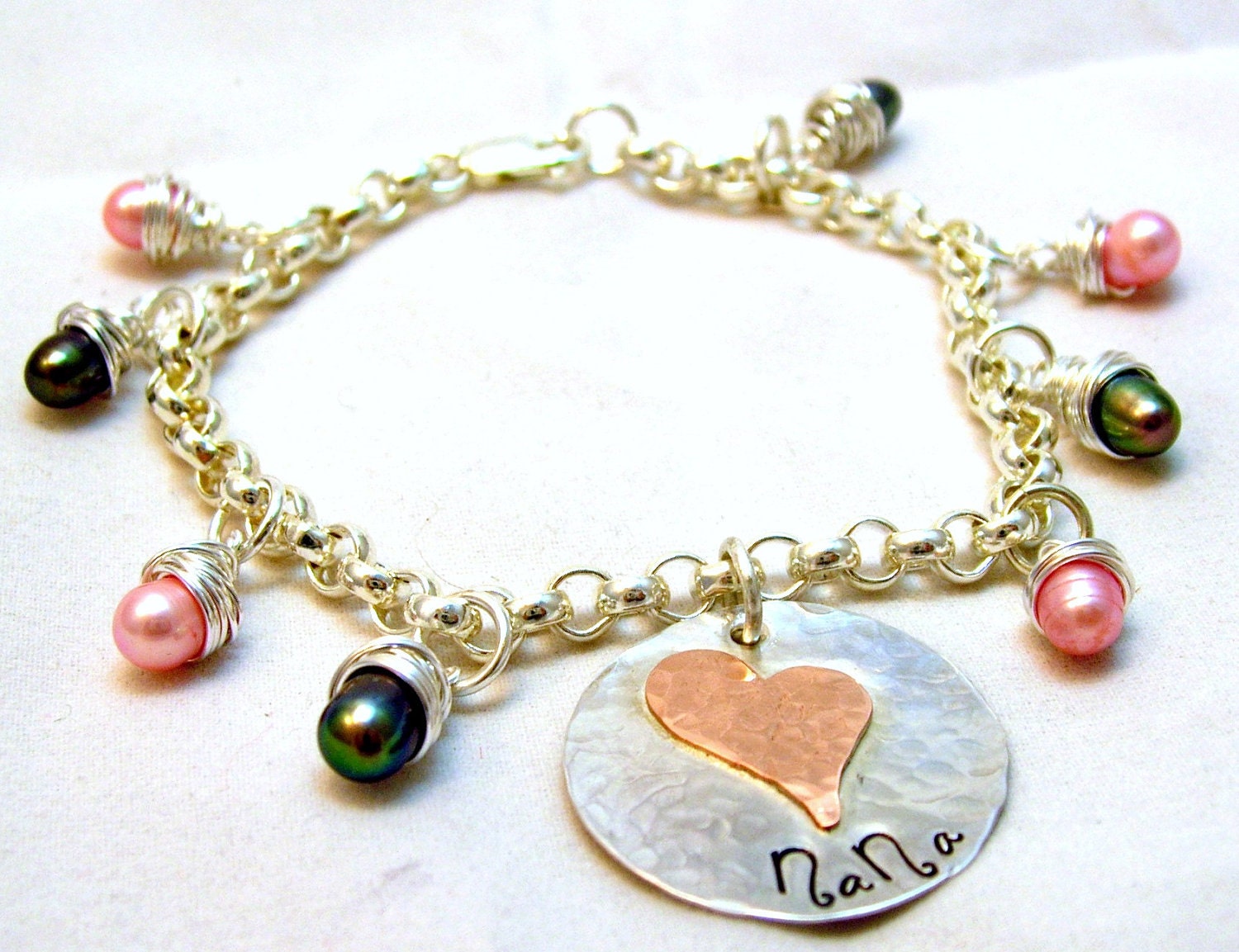 NaNa on Sterling silver Circle Artsy Heart Soldered Organic Bracelet Rollo 7.5" Sterling Silver Pink and Peacock Pearls Monogram bracelet