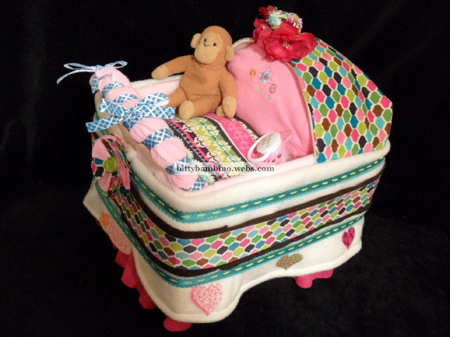 Bassinet Diaper Cake - Diaper Bassinet Stroller - Deluxe Model with Handmade Baby Gift Set