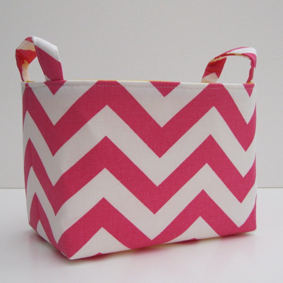 Fabric Organizer Storage Container Basket Bin - Dark Pink and White Chevron