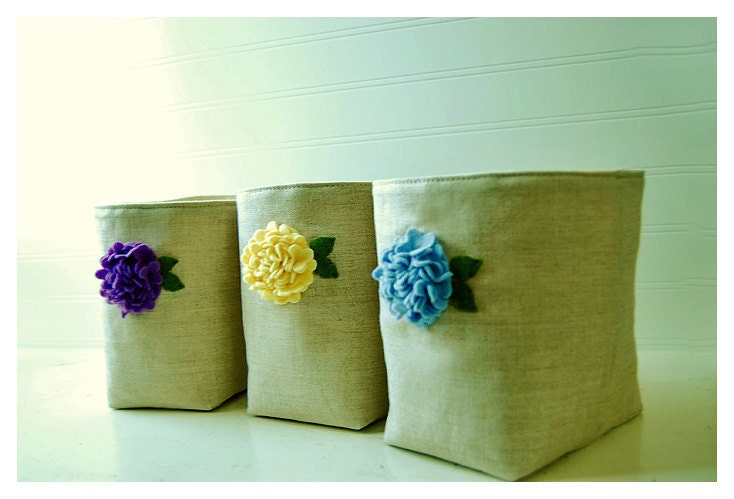 Flower Oatmeal LInen Box weddings decor bin basket Storage Set 3  Wedding Party Gift Wrap Purple blue yellow Fabric Organizer tagt team