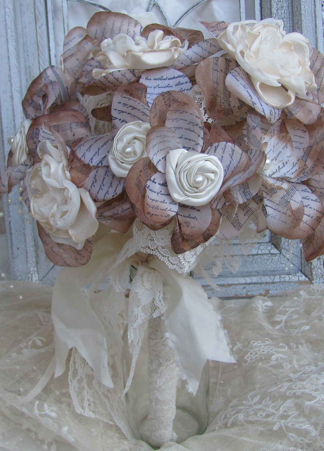 Vintage Inspired Wedding  Bouquet Cream, Ivory and Begie  Custom Order any color