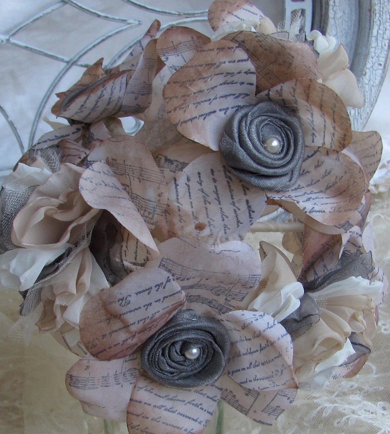 Bridsmaid Flower Bouquet Gray, Ivory  and Beige Fabric and Hand stamped petals by My Broken Art on Etsy