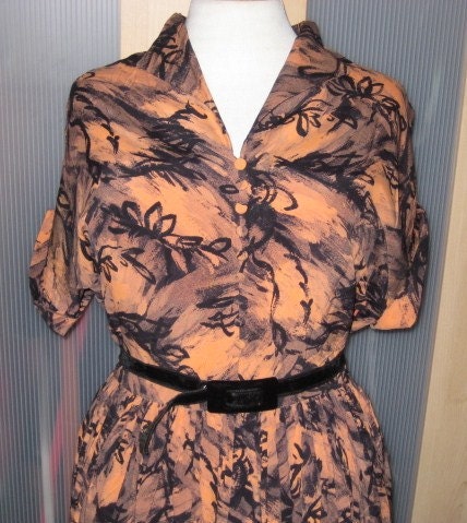 Beautiful 40s burnt orange wild abstract print dress