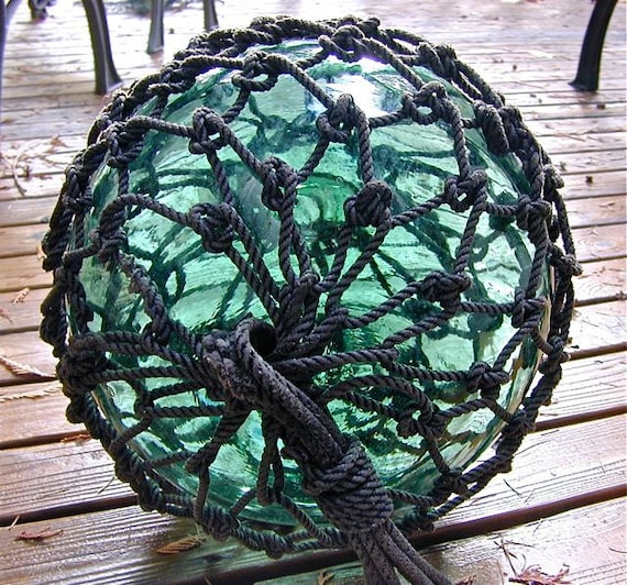 Vintage Glass Fishing Float - 13 Inch Netted TAIWANESE Pie Seal MARKINGS , Nautical, Antique, Home Decor, Glass Ball, Ocean, Sea, Beach