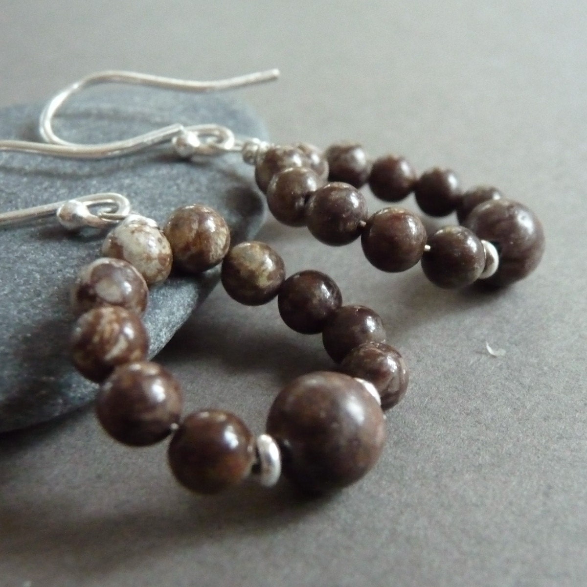 Brown Snowflake Jasper Sterling Silver Hoop Earrings