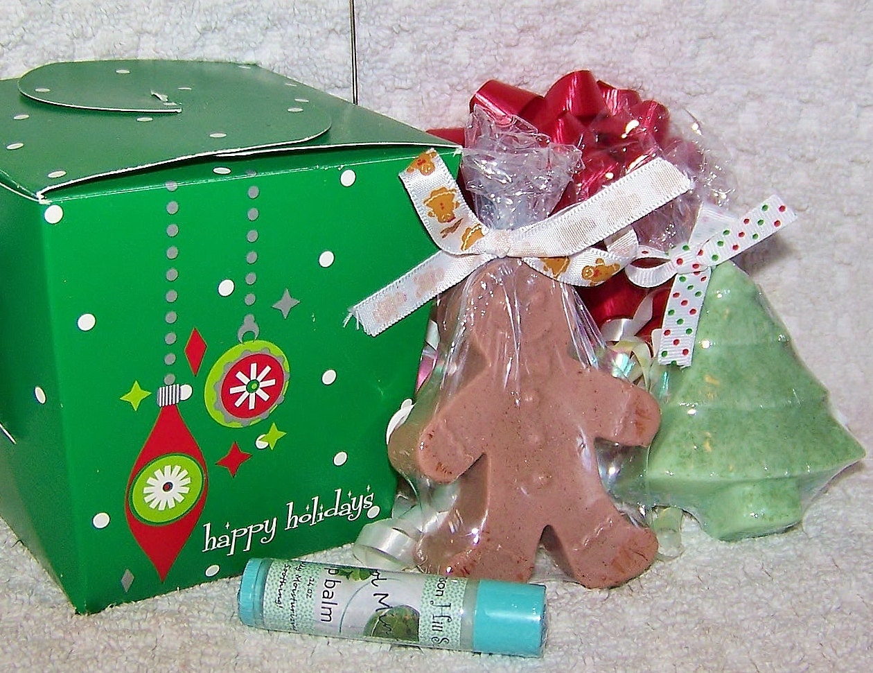 Holiday Cheer Gift Set - Lip Balm, Christmas Tree Soap & Gingerbread Man Soap / Gifts under 10