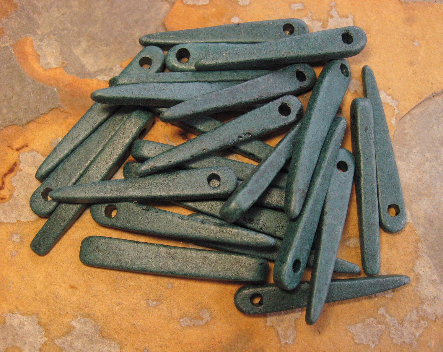 Mykonos Greek Ceramic Beads - 10 Dark Hunter Green  Skinny Spike Beads