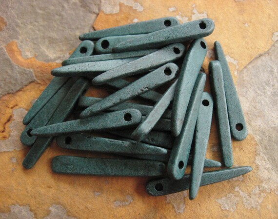 Mykonos Greek Ceramic Beads - 10 Dark Hunter Green  Skinny Spike Beads